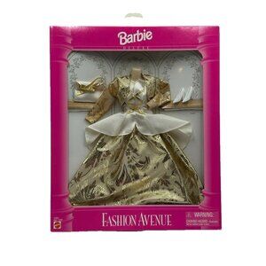 Vintage 1995 NIP Mattel Barbie Fashion Avenue Deluxe Gold Gown Purse Shoes 14307
